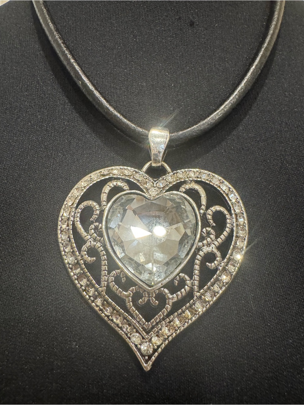 Heart-Shaped Crystal Pendant Necklace - Silver Tone bigger size on 18 inch cord